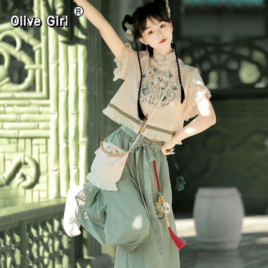 Summer Clothing Girl - Olivegirl Original Hanfu Embroidery Shirt Short