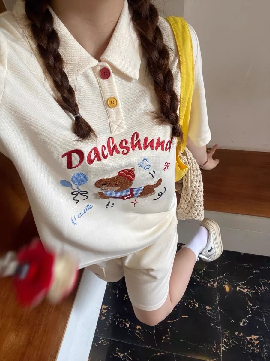 Summer Clothing Japan - Kawaii Embroidery Dog Japan Style Polo